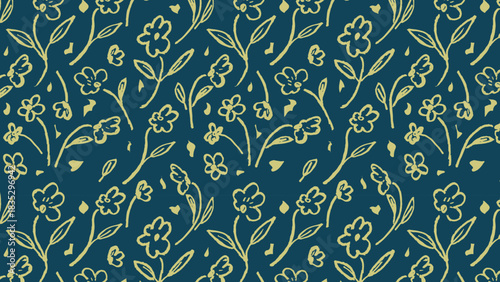 Seamless hand-drawn floral pattern with delicate flowers and leaves on a teal background ideal for textile prints, wallpaper and decor.