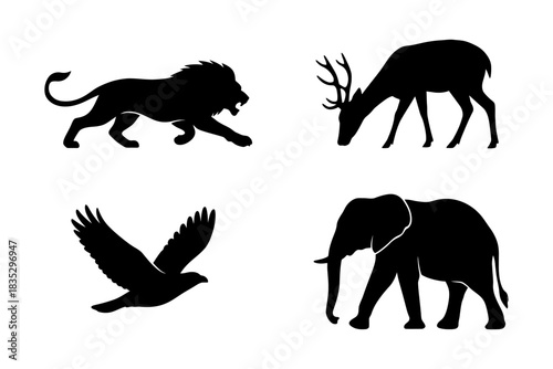 Silhouette collection: lion, deer, bird, and elephant on white background.