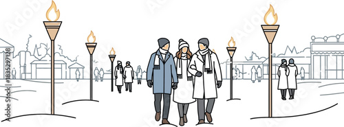 People strolling through a winter market illuminated by warm torchlight artwork