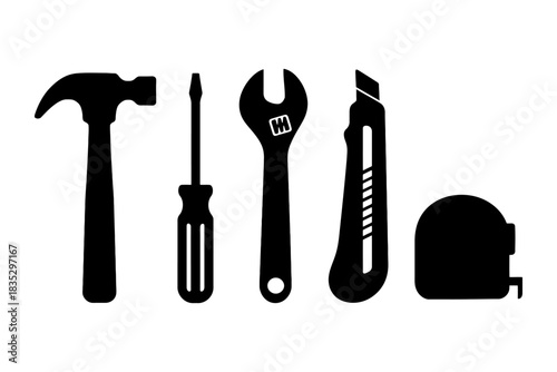 Silhouette of basic hand tools set including hammer, screwdriver, wrench, utility knife, tape measure.