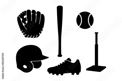 Silhouette set of baseball equipment: bat, glove, ball, helmet, tee, cleat.