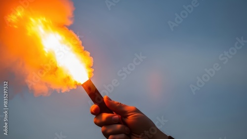 Hand holding bright orange flare against sky