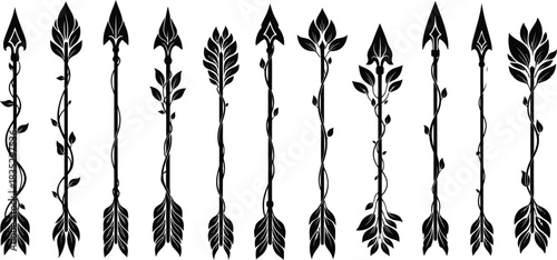 Rustic arrow collection with floral details in black and white illustration
