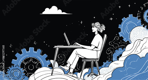 Minimalist cartoon illustration of person working at computer with gears and cloud icons