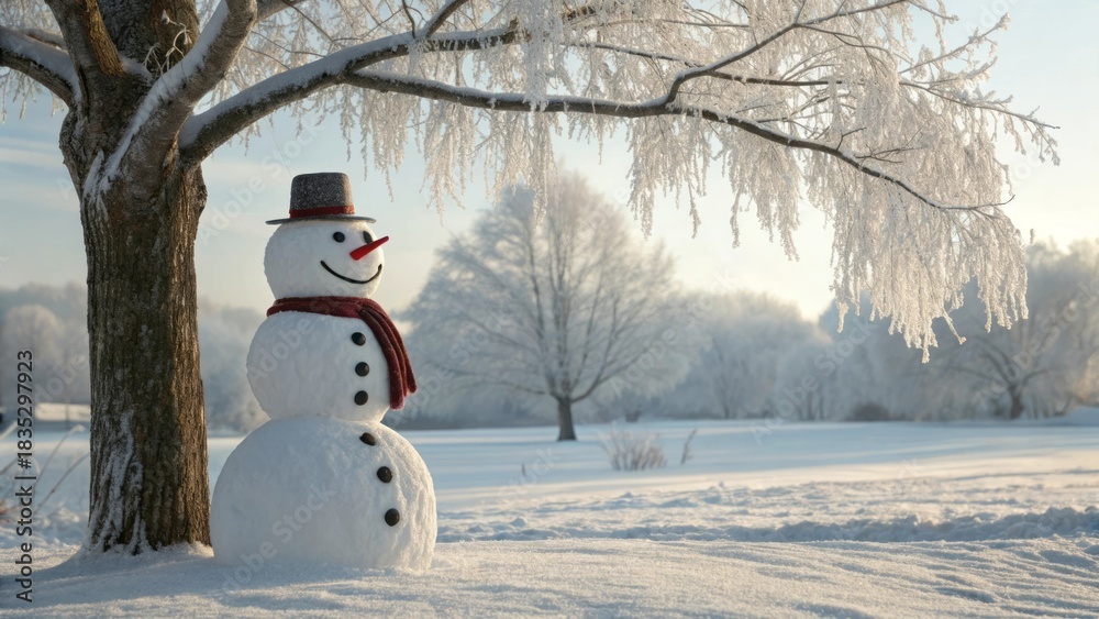 Obraz premium Cheerful Snowman Under Frosty Tree in Winter Wonderland Landscape with Bright Blue Sky