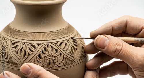 Close up of a skilled artisan meticulously carving intricate patterns onto a