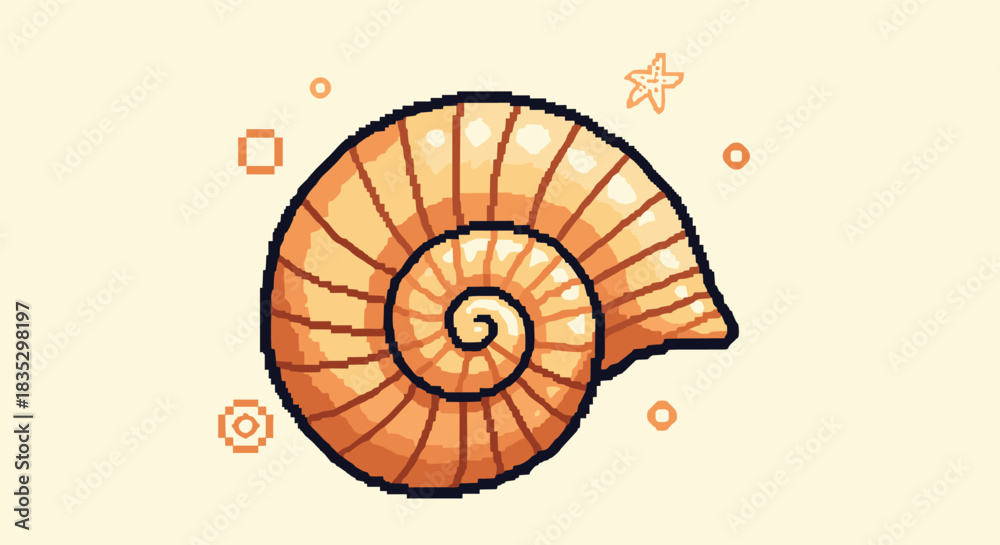 Obraz premium A beautifully detailed pixel art illustration of a spiral ammonite fossil or nautilus shell on a warm beige-colored background.