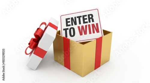 Golden Gift Box With Red Ribbon And Bow Open Revealing Enter To Win Sign White