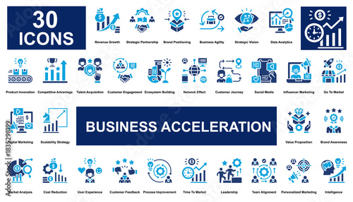 Collection of Business Acceleration icons, related to Revenue Growth, Strategic Partnership, Brand Positioning, Business Agility, Strategic Vision and more. Glyph Color icons vector illustration.