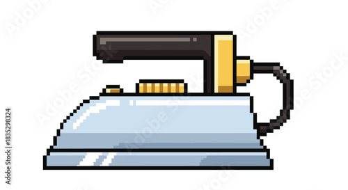 A detailed pixel art illustration of a classic silver and black steam iron for clothing with a gold temperature dial and buttons.
