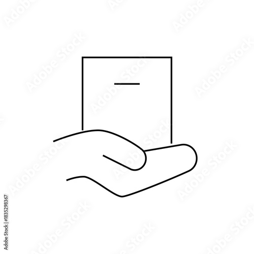 A simple line drawing of a hand holding a rectangular box with a horizontal line on the front side