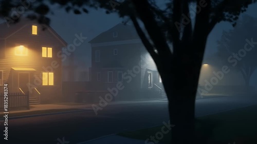 Foggy Night Street with Glowing Houses Cinematic Footage