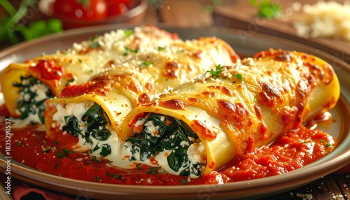 Frisch zubereitete Cannelloni, gefüllt mit cremiger Ricotta-Spinat-Mischung