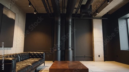 Modern Industrial Interior Design with Exposed Pipes and Concrete.