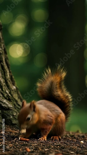 Forest Squirrel Eating Nuts Soft Bokeh Background Cinematic Footage