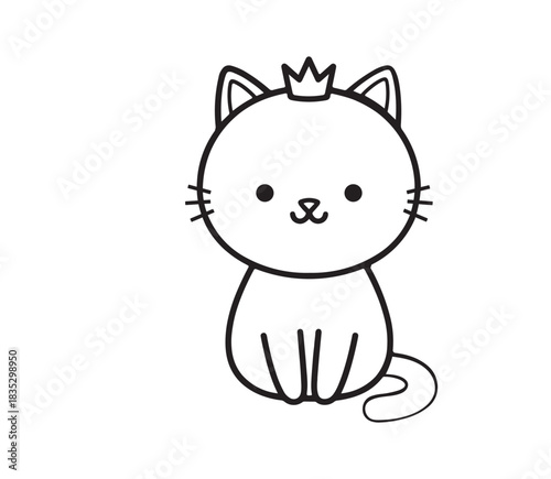 Cute cartoon drawing of a white cat wearing a small crown sitting and looking forward