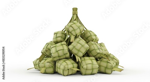 Pile Of Ketupat Rice Cakes Isolated On White Background For Eid Celebration