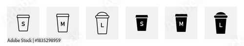 Coffee cup size icon set. Small, medium and large drink containers with minimalist lids vector illustration. Cafe beverage size markers for menus sign. Hot takeaway drink size indicator symbol.