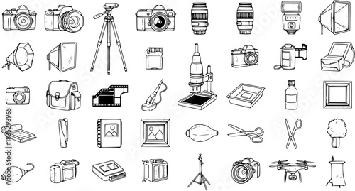 Photography Equipment Line Art: Camera, Lens, Tripod, Drone, Studio Light, Reflector, Flash, Developing Tank, Bulb, Scissors, Album, SD Card, Bag Vector Icons