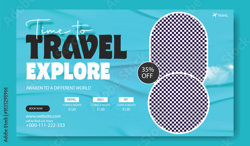 Time to explore the world with an exciting travel offer featuring waterfalls beaches and people enjoying adventures