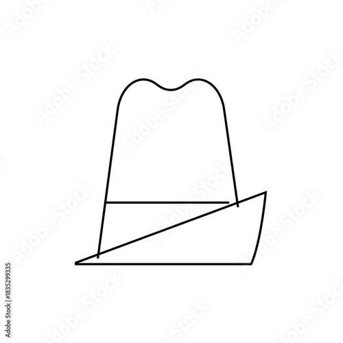A simple line drawing of a fedora hat with a brim angled downwards and a curved top on a white background