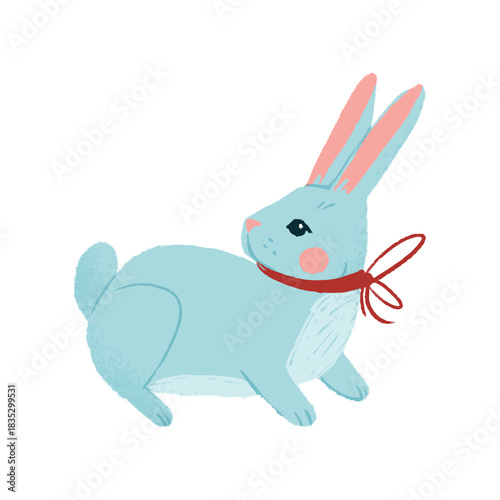 Cute blue cartoon bunny with pink cheeks and a big red bow, drawn in a pencil style. Playful animal illustration for kids’ products, stationery, prints, and baby-themed designs