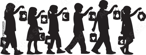 Children silhouettes walking together holding lanterns