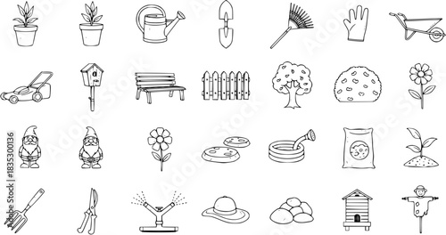 Black and White Line Art Icon Set of Garden Objects: Plants, Tools, and Accessories
