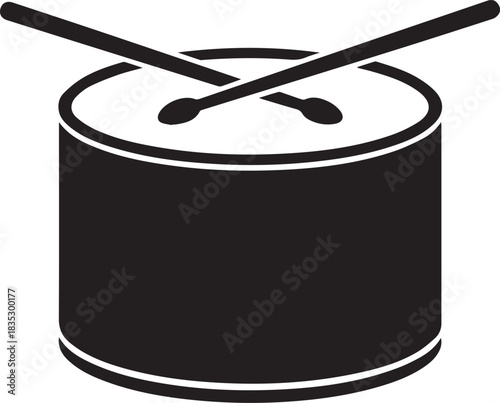 Black and white illustration of a drum and drumsticks
