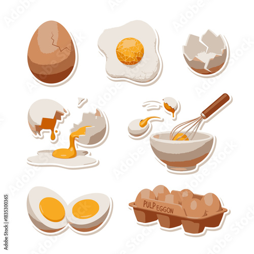 A comprehensive collection of egg illustrations showcasing different states, from whole and cracked to fried, boiled, and being prepared for cooking.