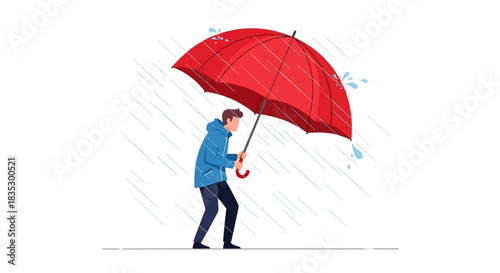 Man walking under heavy rain with a red umbrella, battling the weather and staying dry
