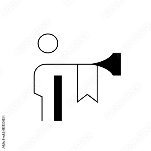 Stylized figure blowing a horn with banners hanging from it in a minimalist black and white design