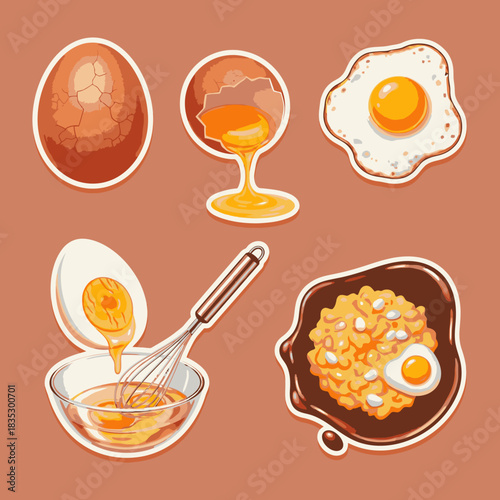 A delightful collection of egg illustrations, depicting whole, cracked, fried, and prepared forms, ideal for culinary, breakfast, and cooking projects.
