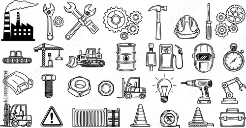 Industrial and Construction Engineering Line Art Icons Set. Hand-drawn Outline Collection of Manufacturing Tools, Machinery, and Safety Equipment Elements for Mechanics and Factory Projects.