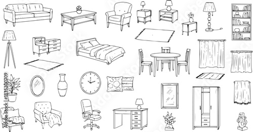 Hand-Drawn Furniture Vector: Interior Design Elements, Sketch Style Illustration for Decor, Architecture  Real Estate