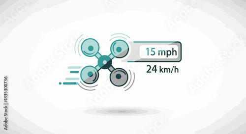 Stylized flying drone with speed indicator, showcasing modern aerial technology capabilities and