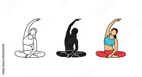 Set of three illustrations showing a woman performing a seated side bend yoga pose variation, line art, silhouette and color