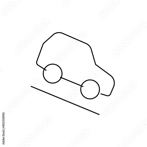 Simple line drawing of a car with two circular wheels on a slightly angled line representing road surface