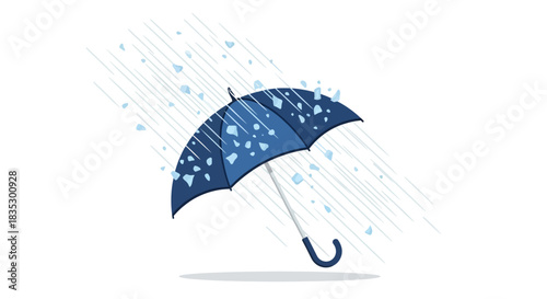 Whimsical umbrella illustration enduring a hailstorm with dynamic motion and simple design