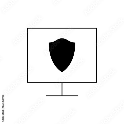 A computer monitor displaying a shield icon in the center, symbolizing security and protection online