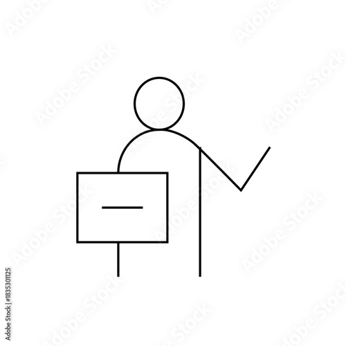 A simple stick figure protester holding a sign with a dash on it and raising their arm in protest