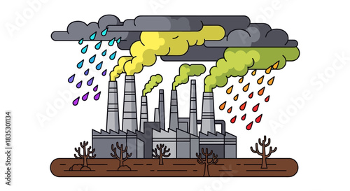 Industrial pollution and environmental impact depiction with factory smokestacks and colorful acid