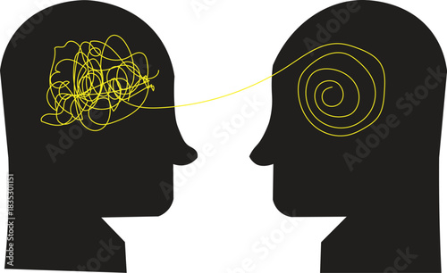 Two Human Heads Connected by Line from Chaotic Mind to Calm Spiral — Mental Health Communication, Therapy Support, Psychological Guidance and Emotion Transfer Concept Illustration