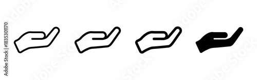 Holding hand icon. Open palm gesture showing help, care and support vector illustration. Donation and giving concept for charity tasks sign. Simple assistance and protection pictogram.