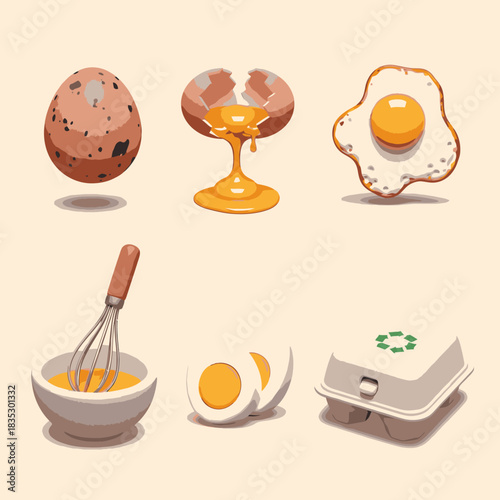 A collection of egg illustrations: whole, cracked, fried, whisked, hard-boiled, and an eco carton, ideal for culinary and breakfast projects.