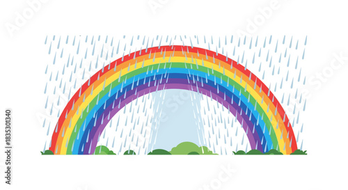 Vibrant rainbow arcing through a rain shower illuminating gentle green hilltops creating a