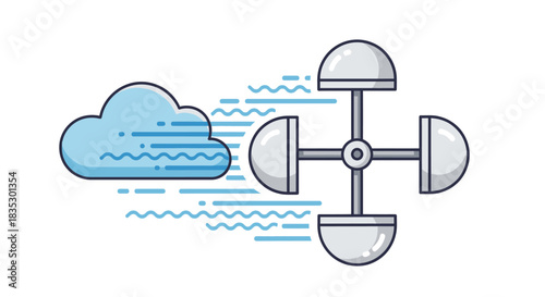 Stylized illustration of a cloud passing by a wind vane indicating weather elements