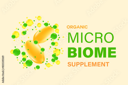 Scientific 3D organic, healthy microbiome background with copy space. Elegant microbiota liquid molecules with glowing pills. Healthy stomach, intestines, digestive system nutrition supplements.