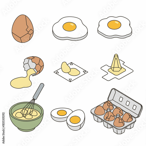 This vector illustration set showcases various egg forms, whole, cracked, fried, boiled, and whisked, ideal for culinary and food-related graphics.