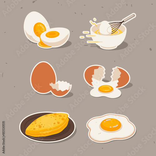 A vibrant collection of egg illustrations showcasing various culinary preparations, including boiled, cracked, whisked, fried, and omelet forms, perfect for food-related designs.